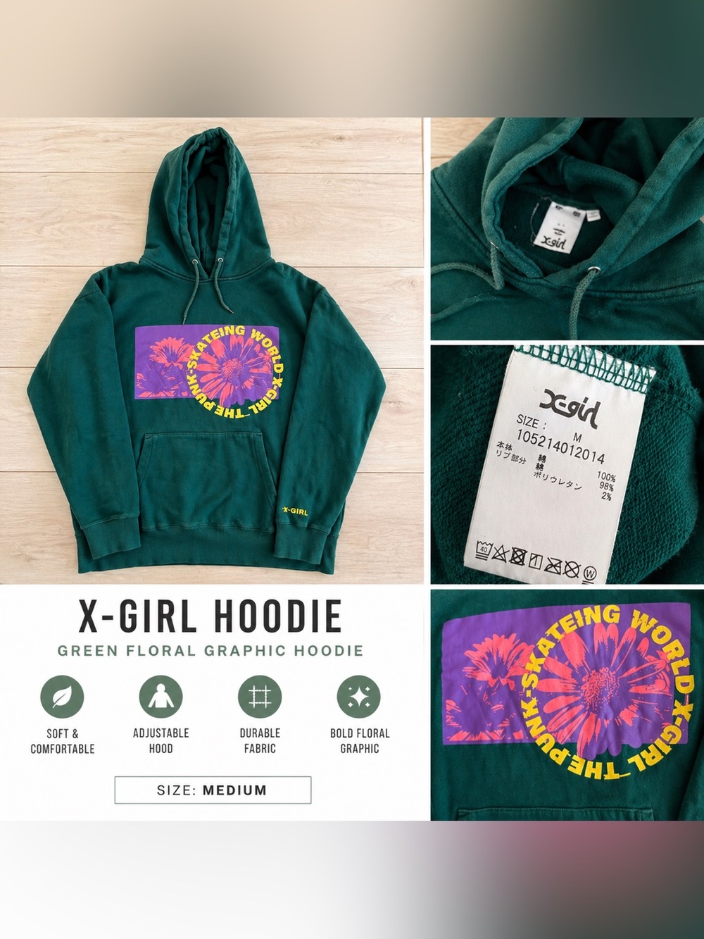 X-Girl Green Graphic Hoodie Medium Floral Logo Streetwear Pullover Sweatshirt